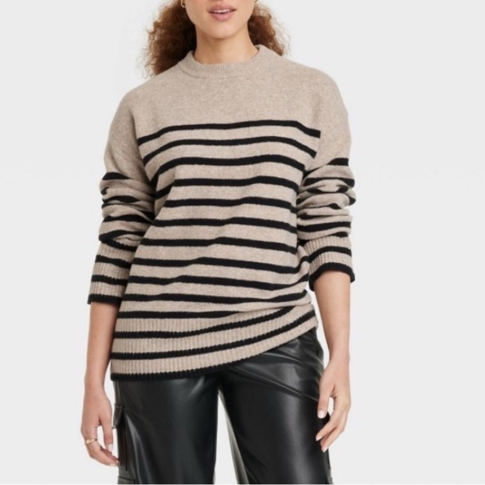 a new day Beige and Black Striped Crewneck Sweater